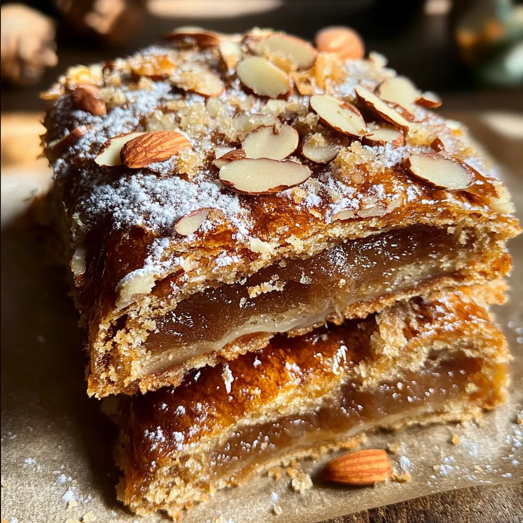 A stack of pastries with almonds on top.