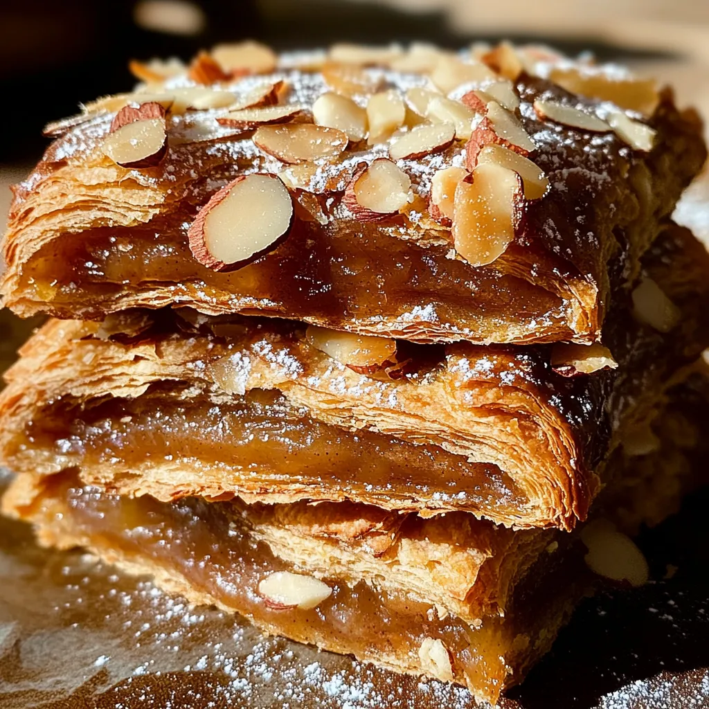 A stack of pastry with almonds on top.