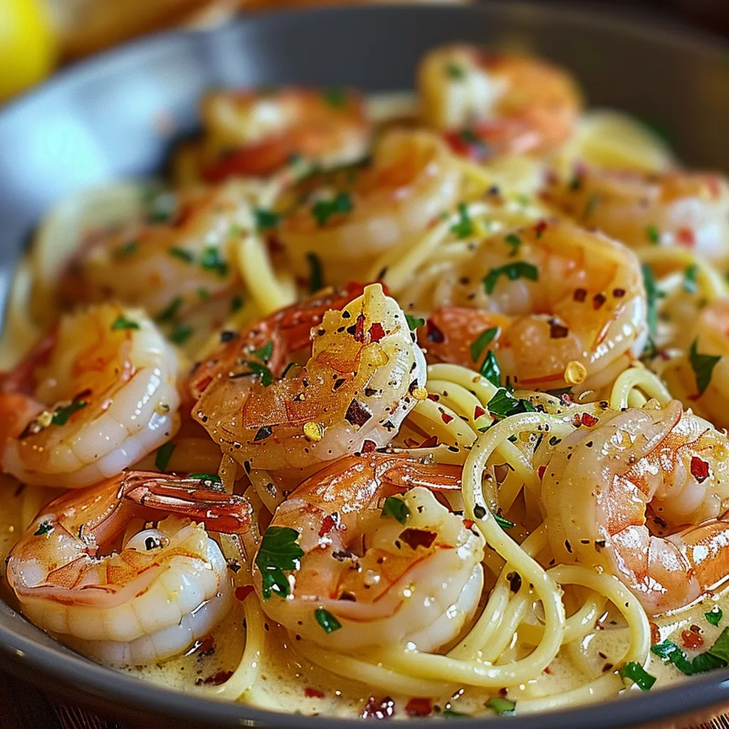 A bowl of shrimp and noodles.