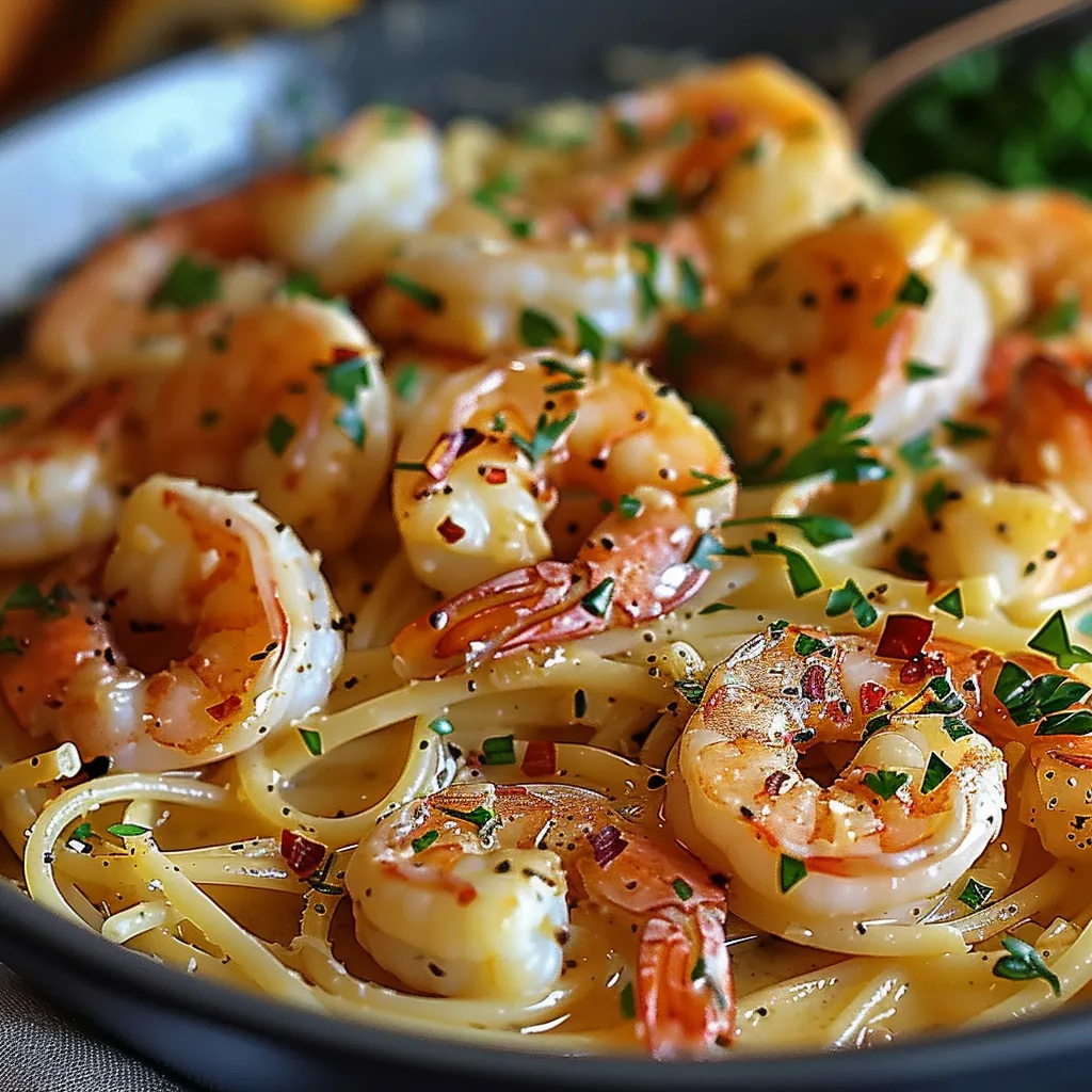 A bowl of shrimp and pasta.