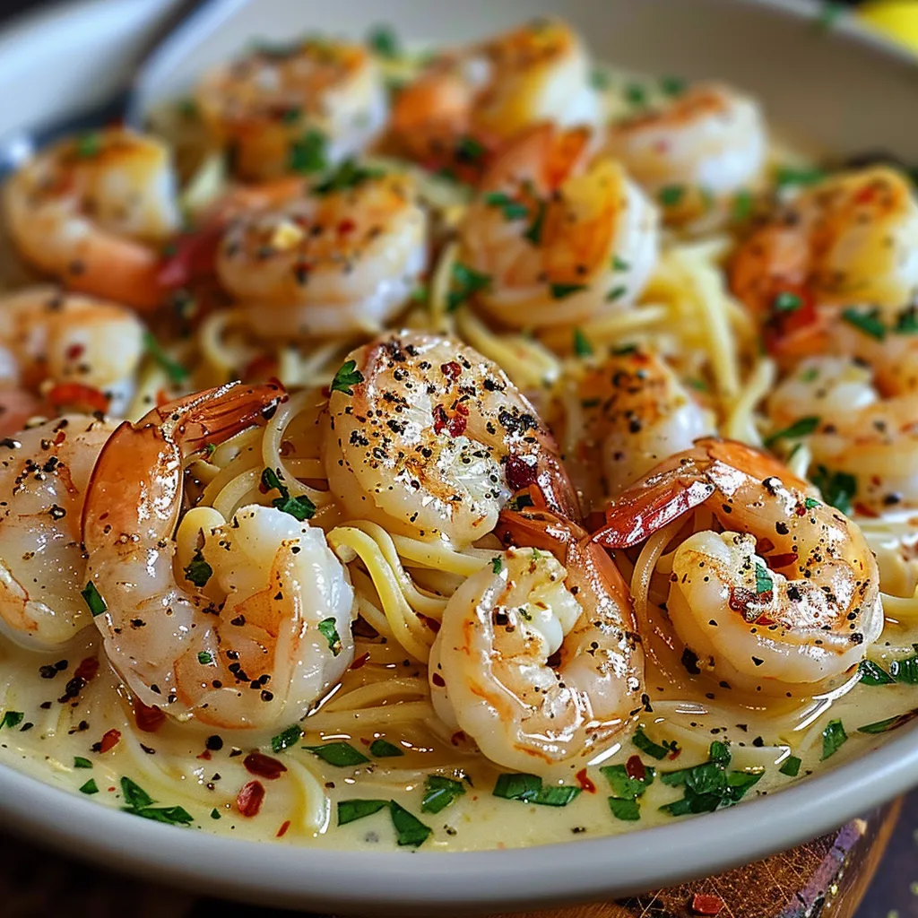 A bowl of shrimp and pasta.