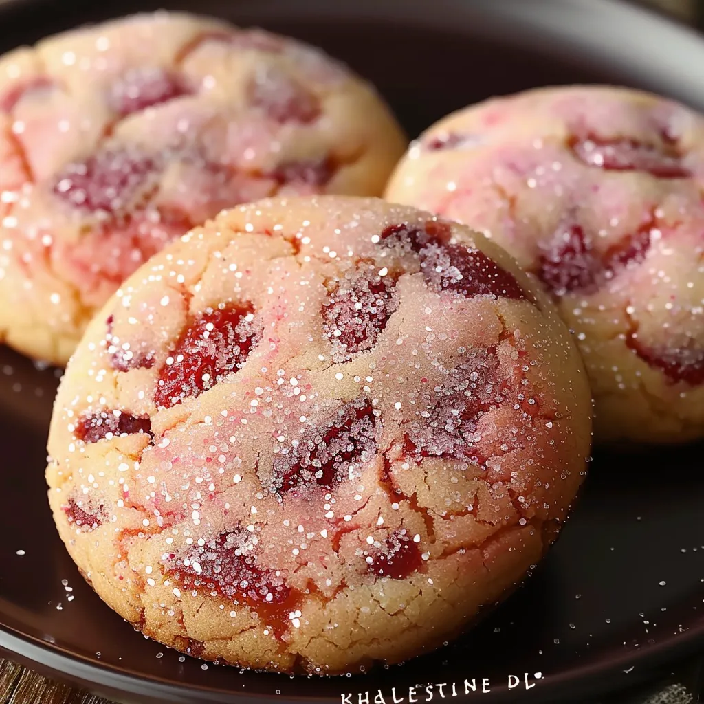 Two cookies with pink frosting and sprinkles.