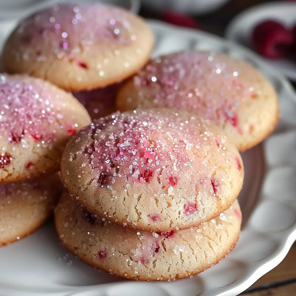 A plate of cookies with pink frosting and sprinkles.