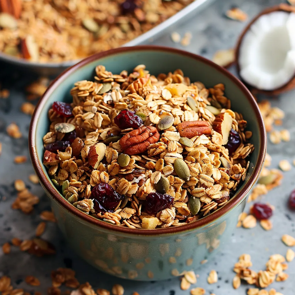 A bowl of granola with nuts and berries.