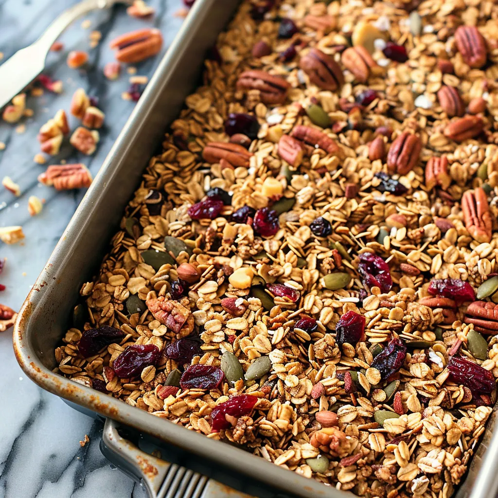 A pan of granola with nuts and berries.