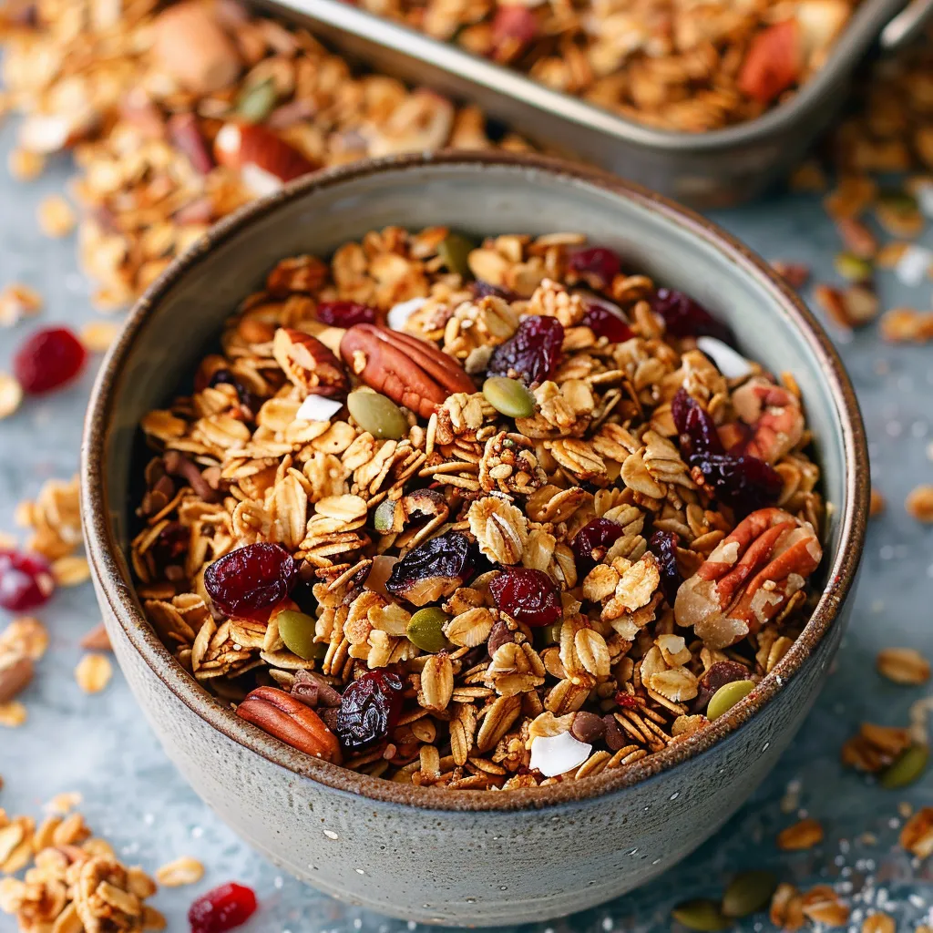 A bowl of granola with nuts and berries.