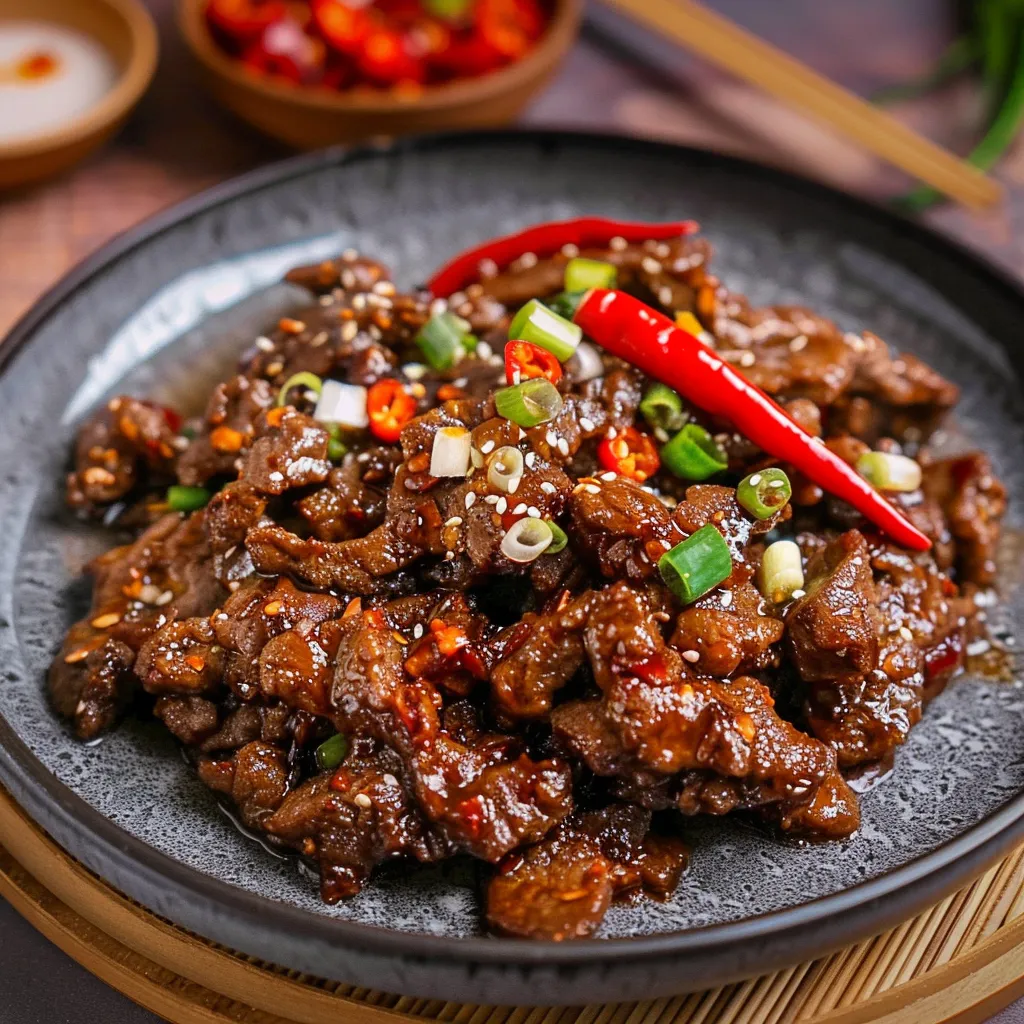 A plate of beef with peppers and onions.