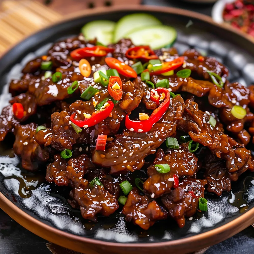 A plate of beef with peppers and onions.