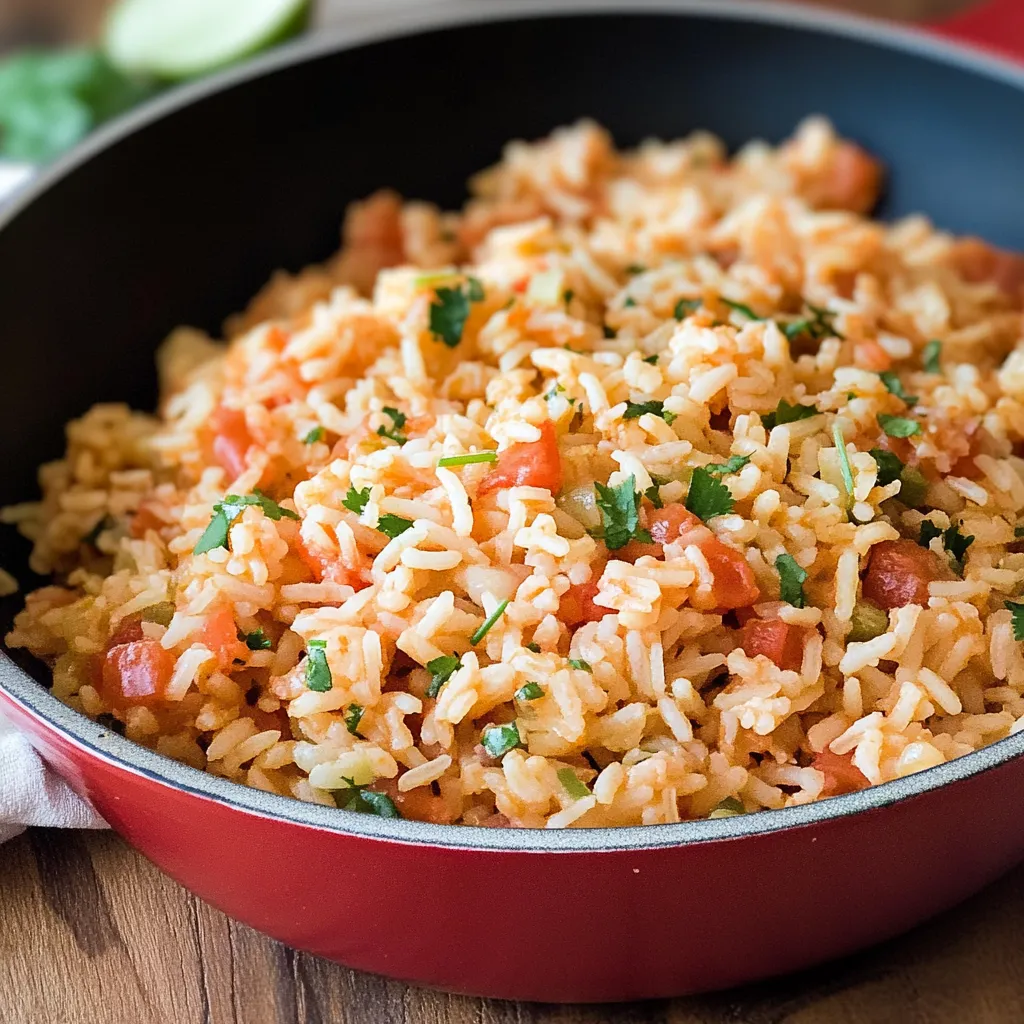 A red pan with rice and tomatoes.