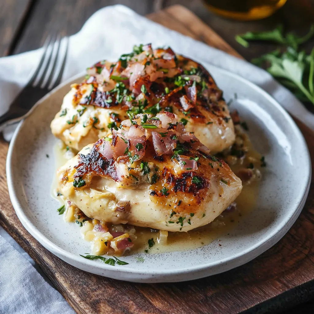A plate of chicken with herbs on top.