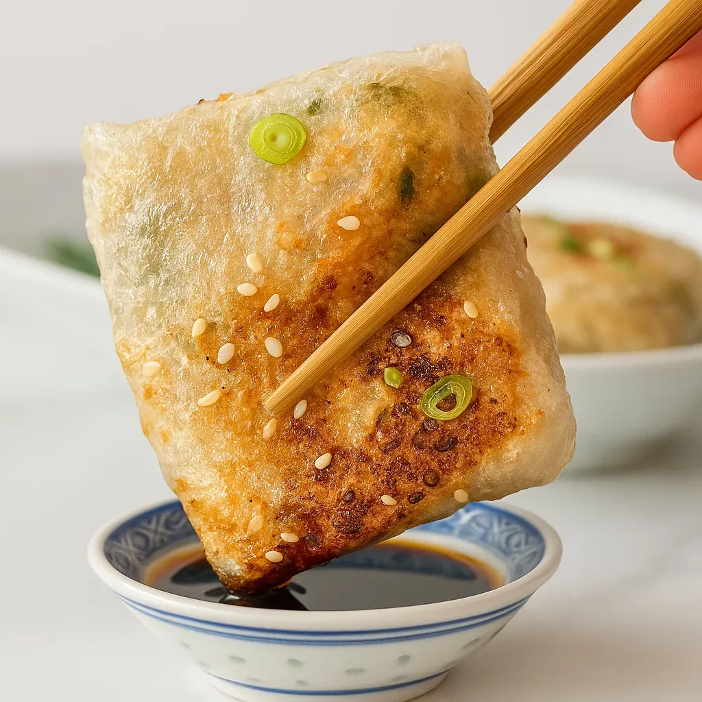 A person is holding a piece of food with chopsticks.