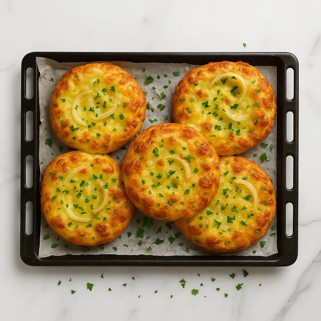 A tray of four pizzas with green onions on top.