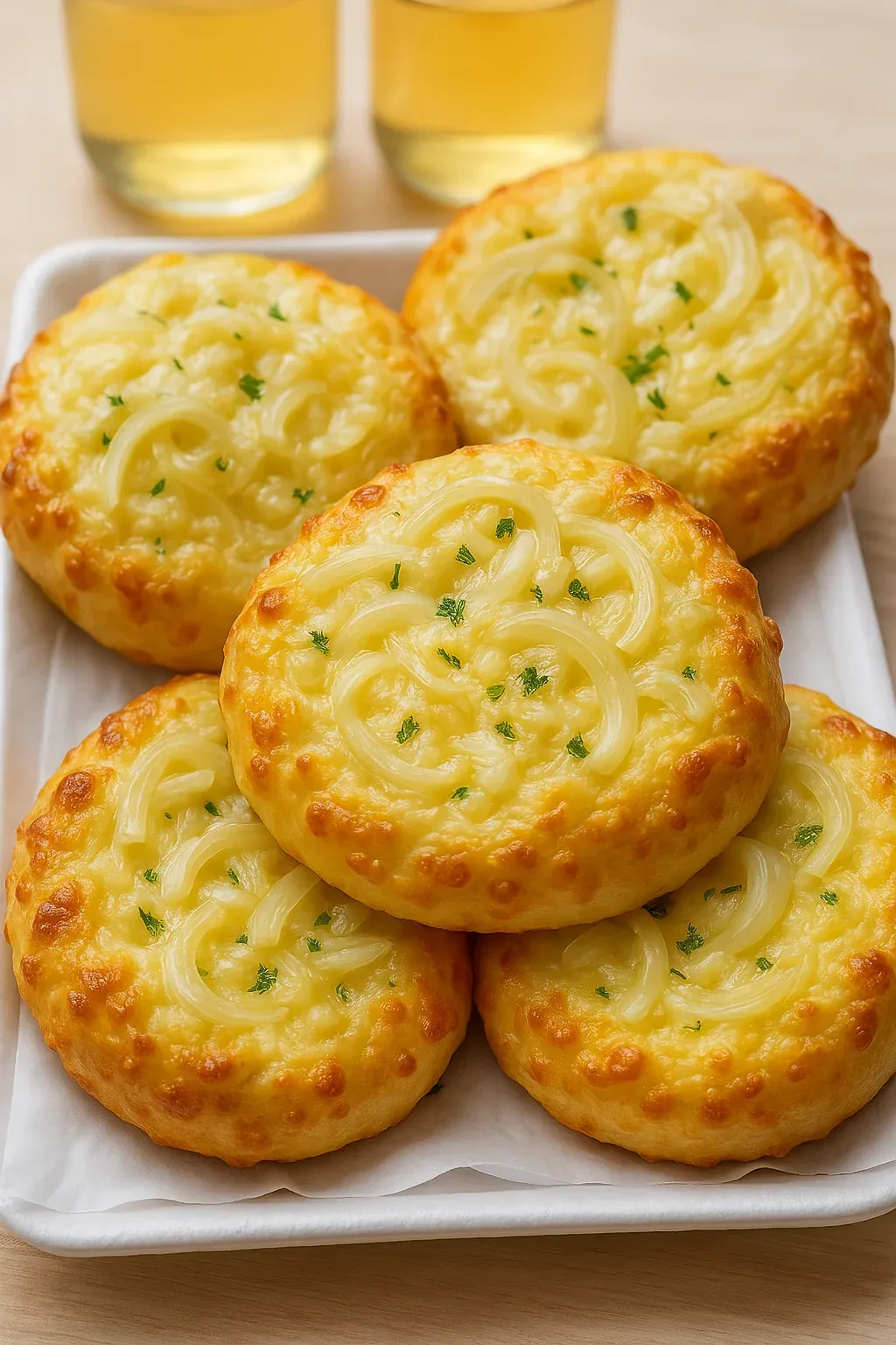 A plate of pastries with green onions on top.