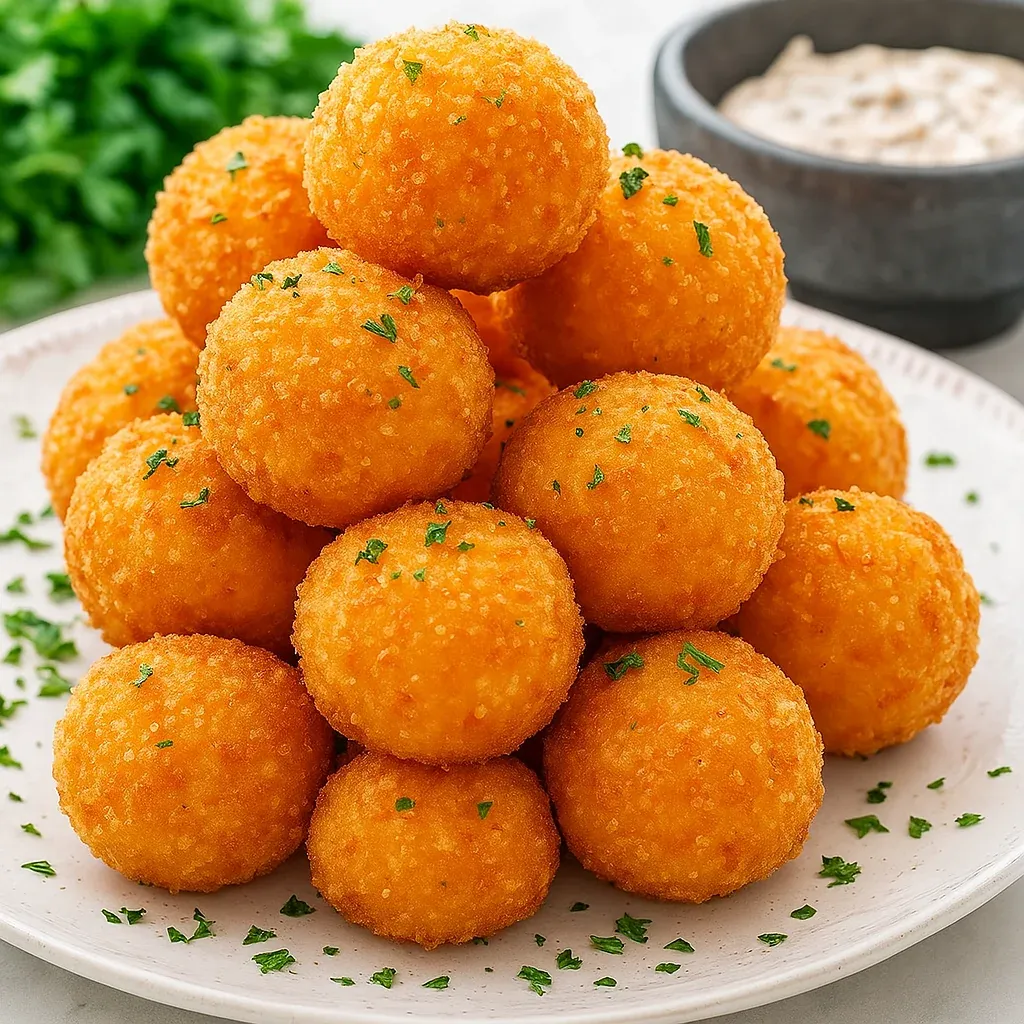 A stack of cheese balls on a plate.