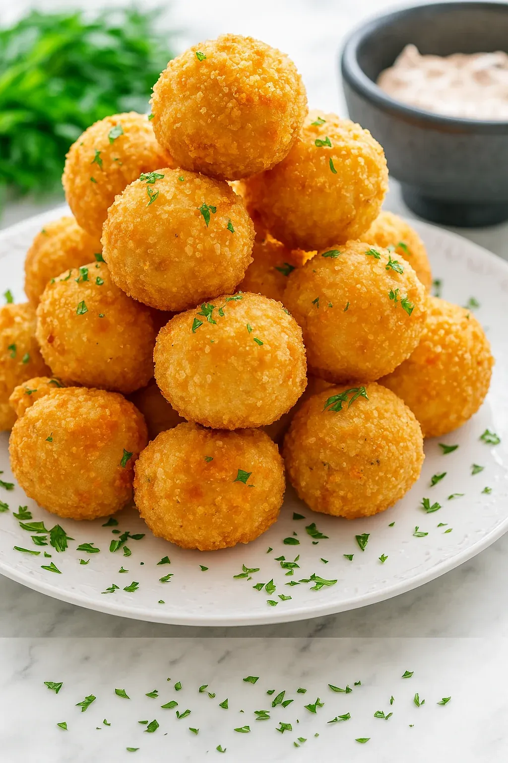 A stack of cheese balls on a plate.