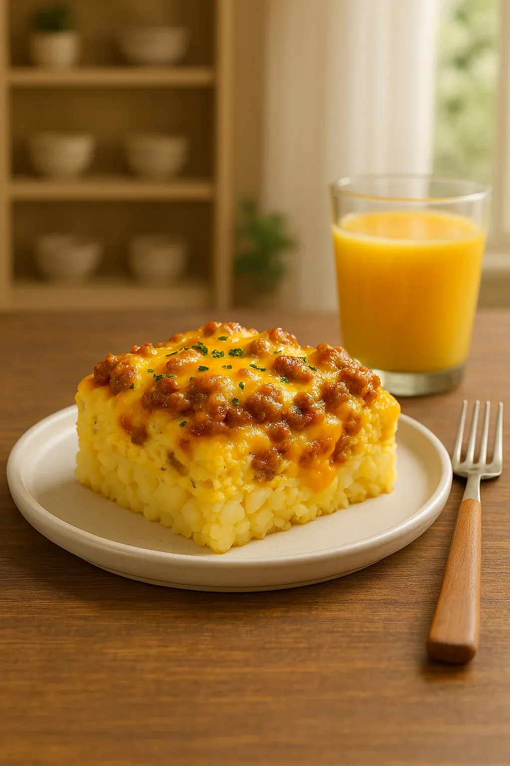 A plate of food with a fork and a glass of orange juice.