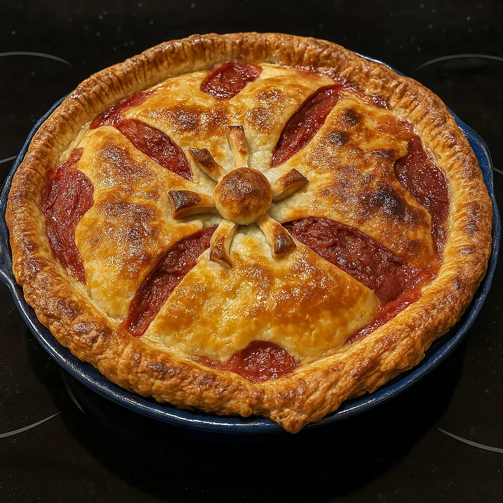 A pizza pie with a sun in the middle.