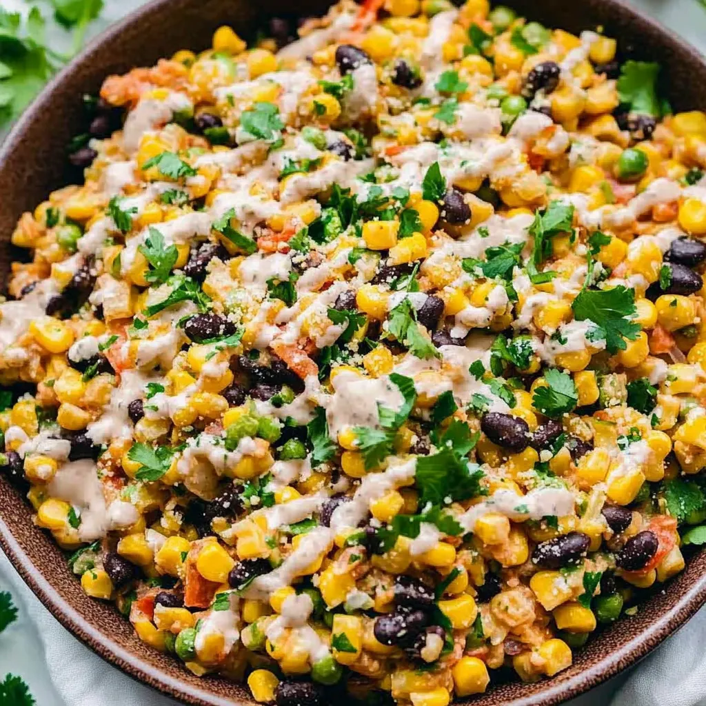 A bowl of food with corn and beans.