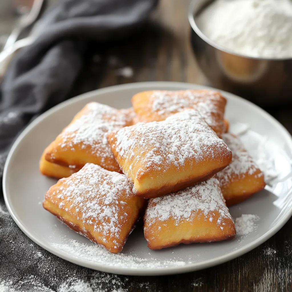 A plate of powdered sugar covered beignets.