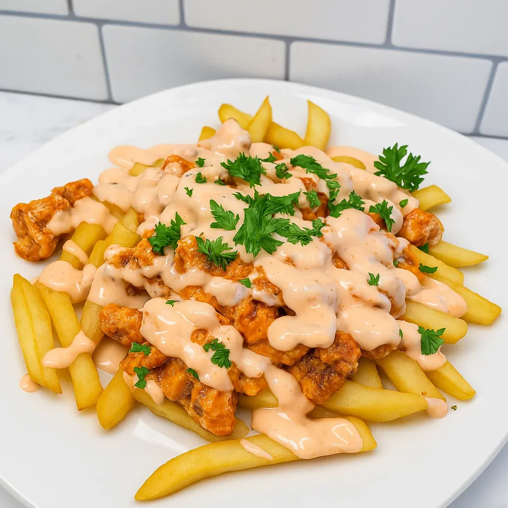 A plate of fries with a white sauce on top.