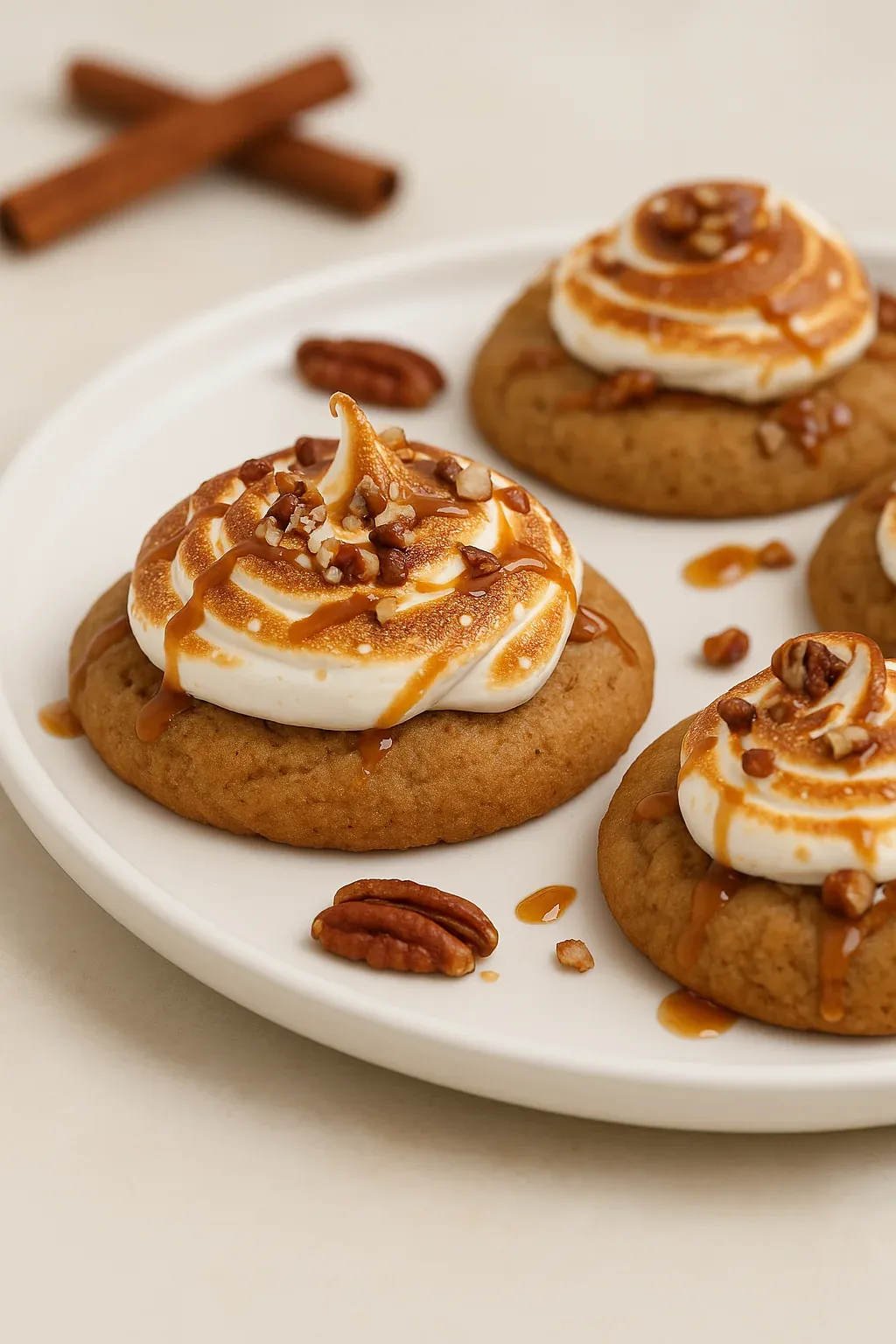 A plate of cookies with caramel drizzle.