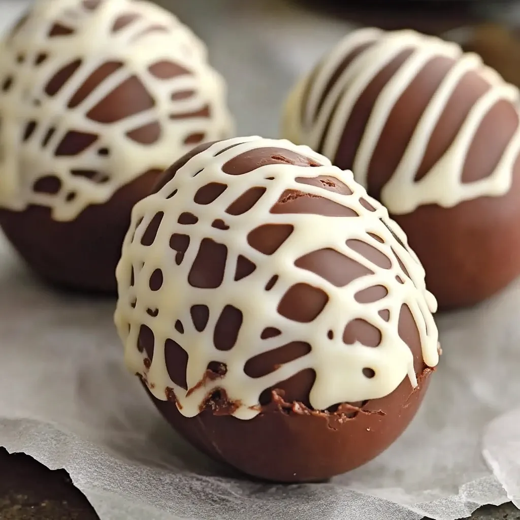 Three chocolate covered marshmallows on a table.