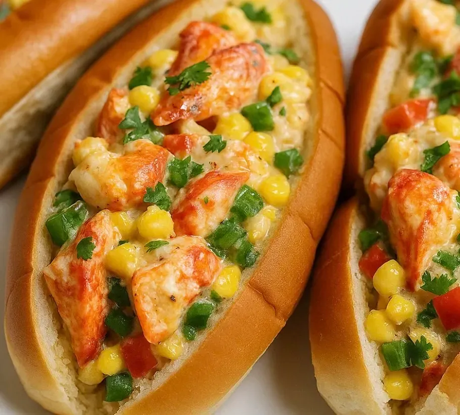 Two hot dogs with corn and lobster meat.