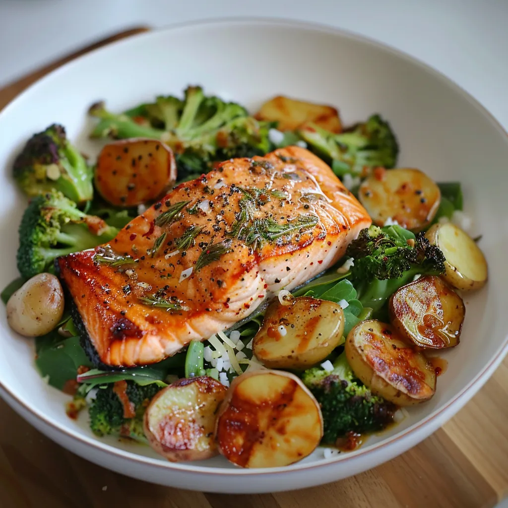 A plate of food with broccoli and salmon.