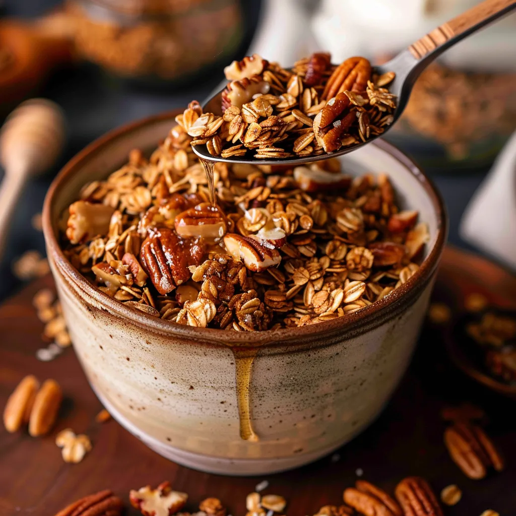A spoonful of cereal in a bowl.