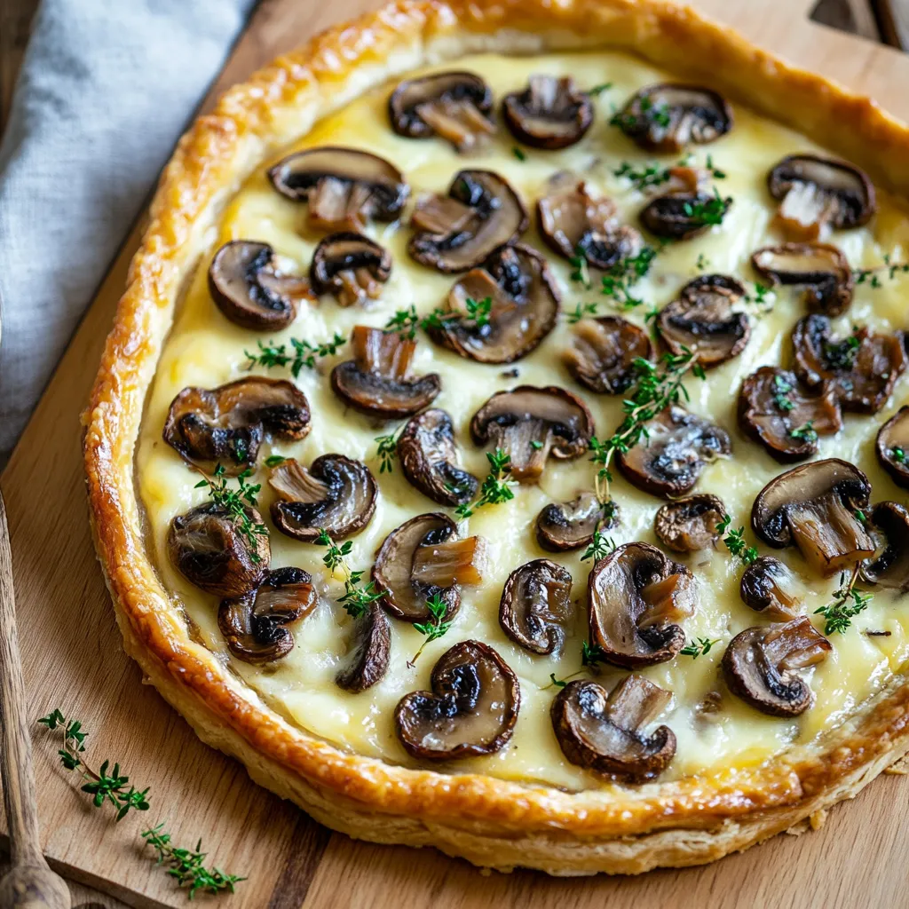 A mushroom and cheese pie on a wooden cutting board.