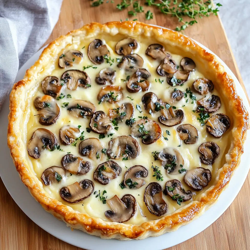 A pie with mushrooms on top.