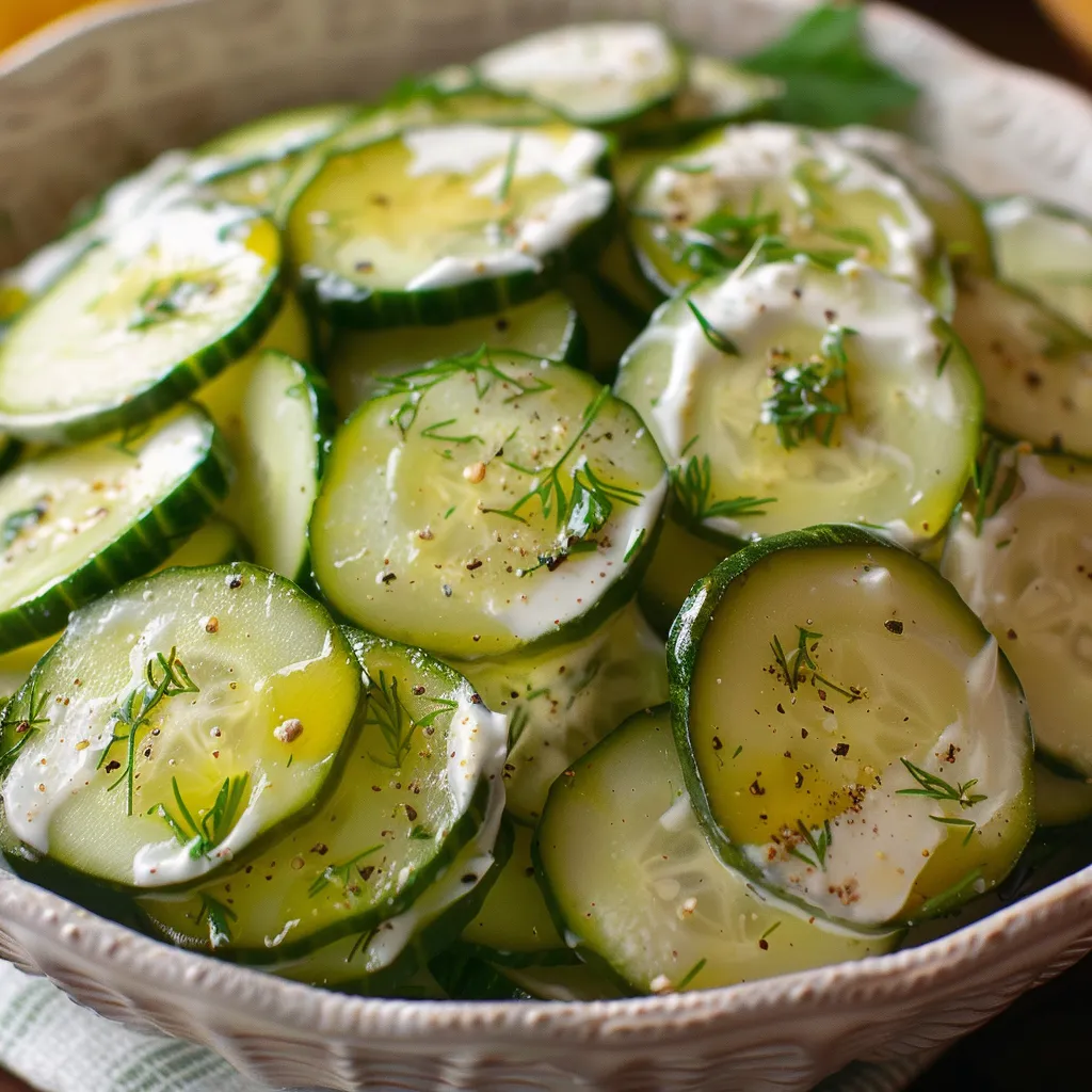 A bowl of sliced cucumbers with white sauce.
