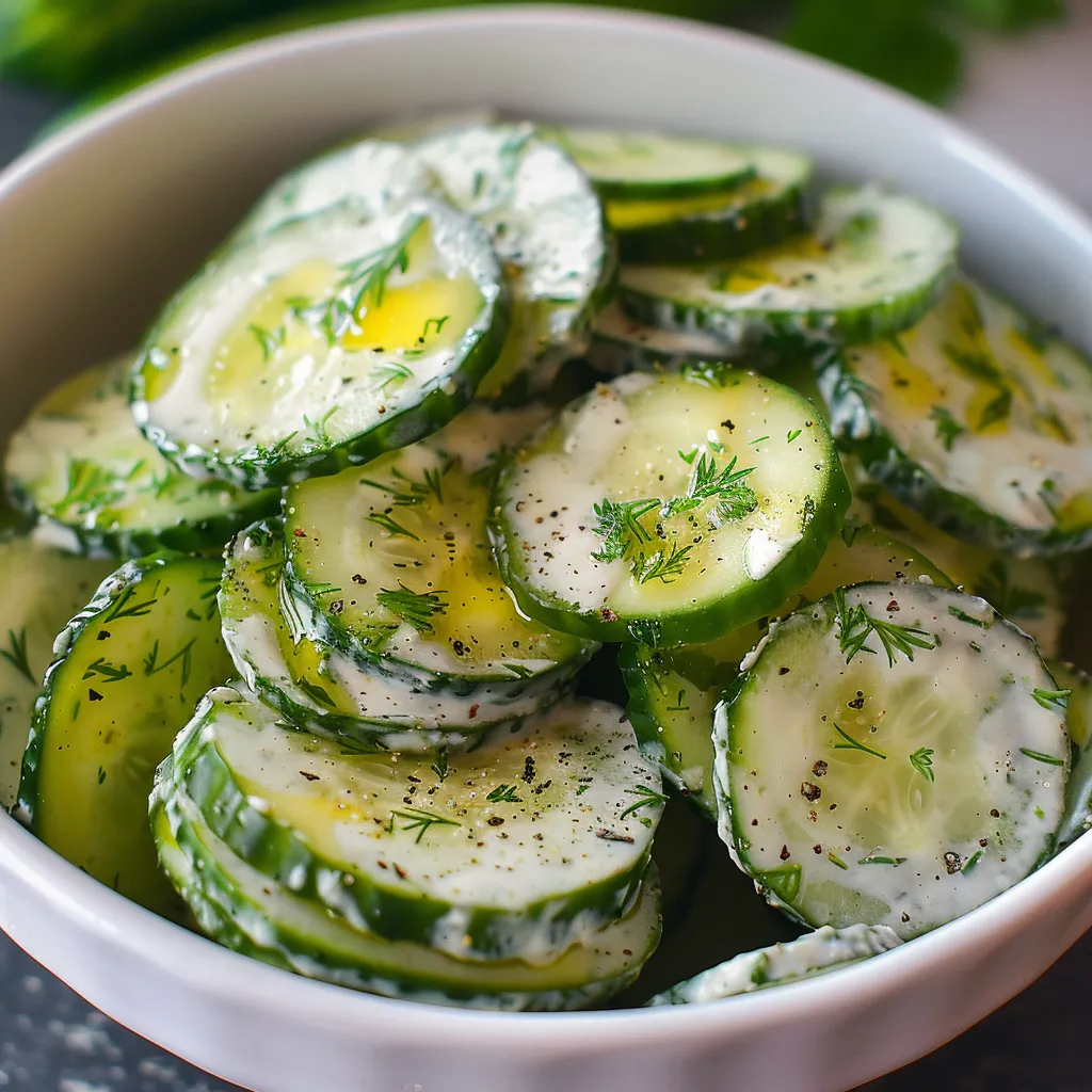 A bowl of sliced cucumbers with a white sauce.
