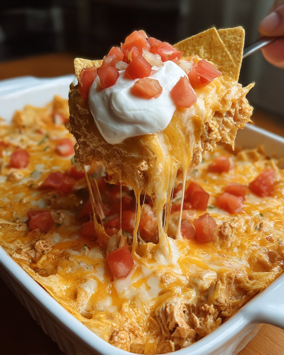 Une casserole mexicaine avec des tomates, des chips et du fromage.