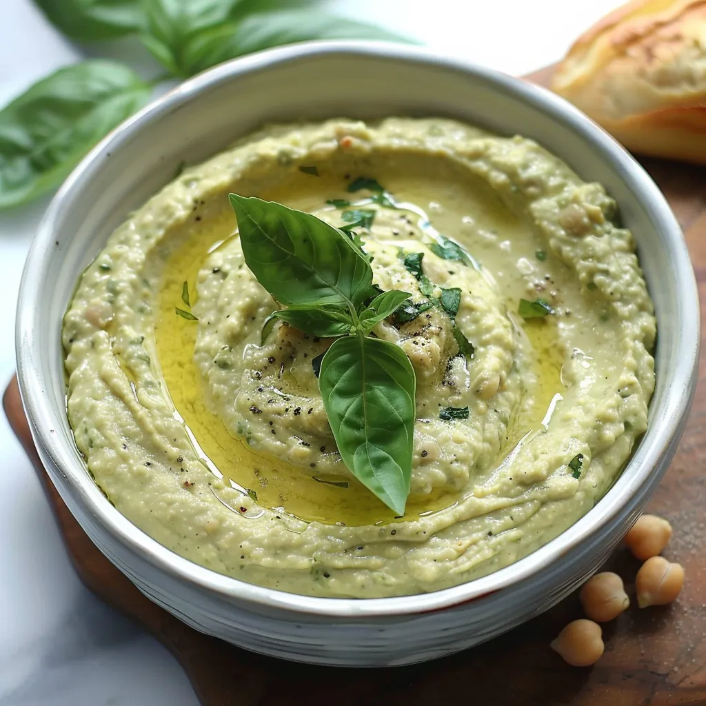 A bowl of hummus with a sprig of parsley on top.