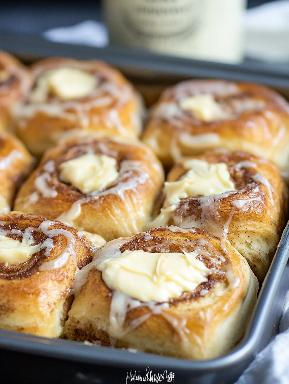 A pan of cinnamon rolls with butter.