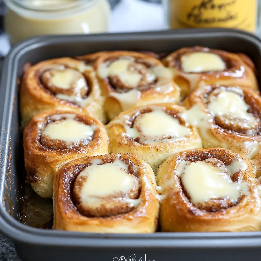 A pan of cinnamon rolls with white frosting.