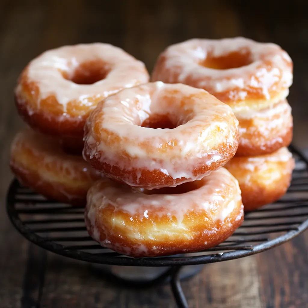 A stack of glazed donuts on a wire rack.