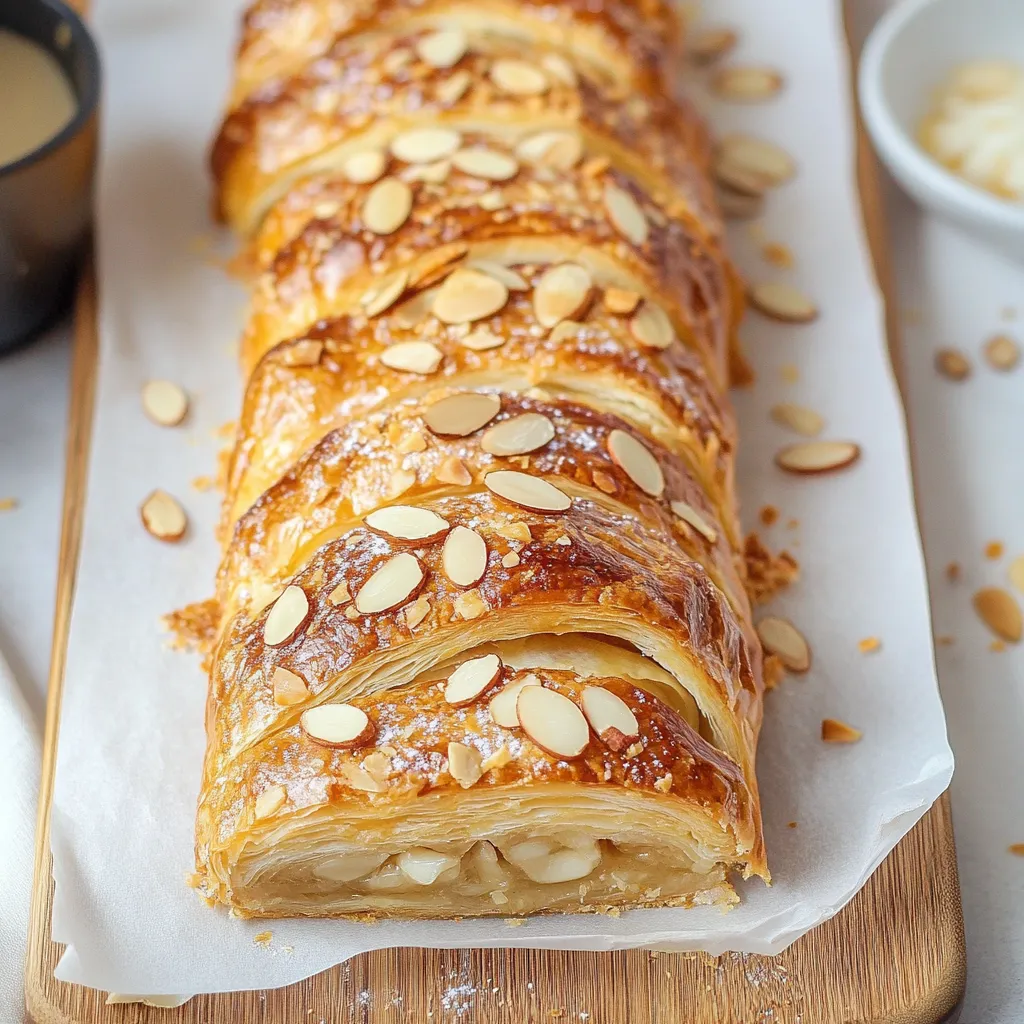A pastry with almonds on a wooden board.