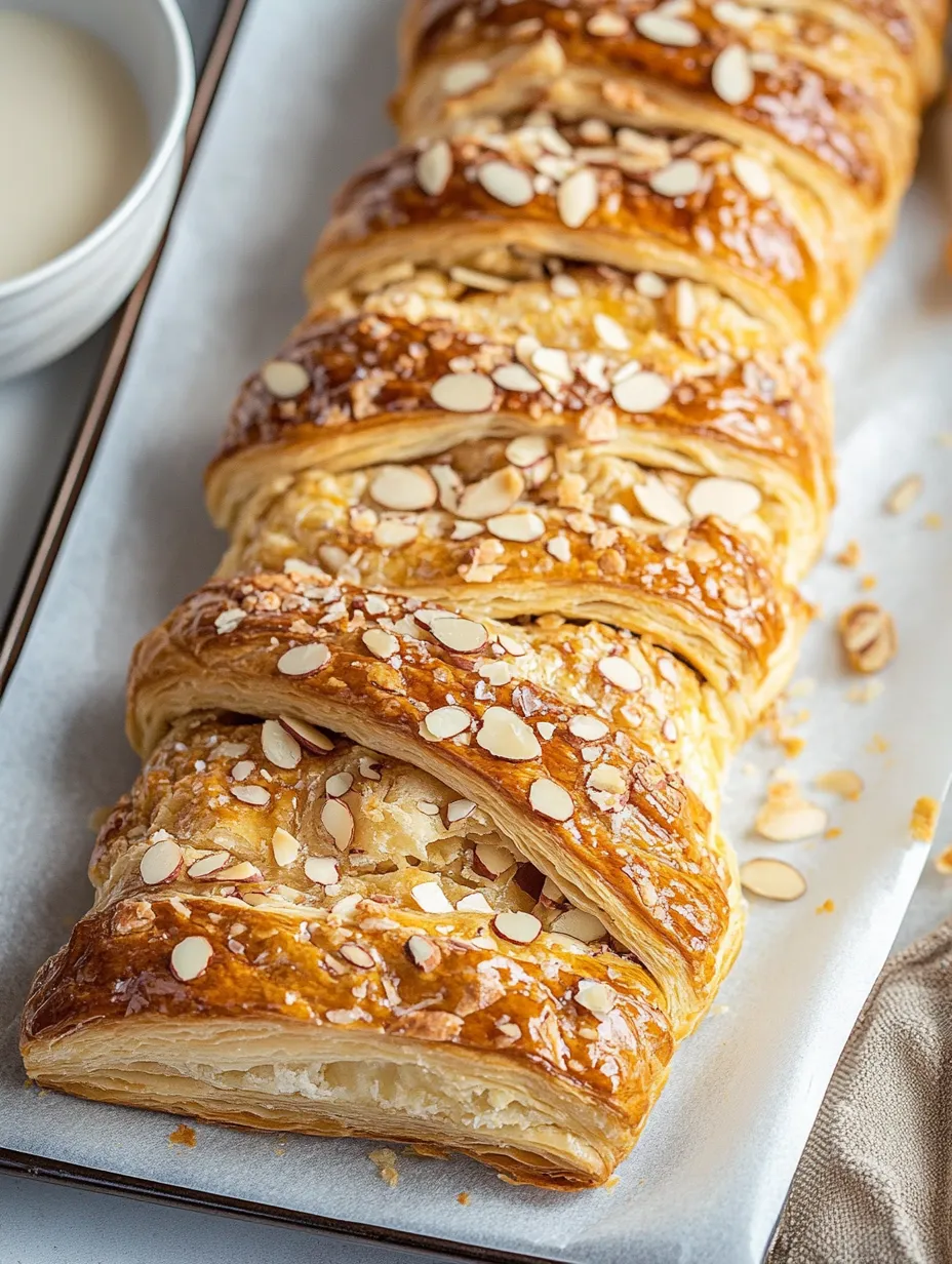 A tray of croissants with almonds on top.