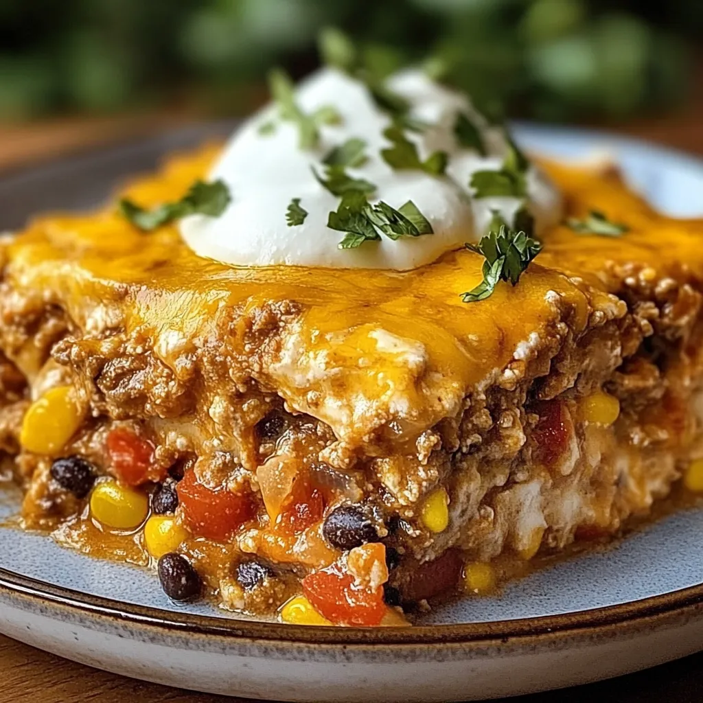 A slice of chicken enchilada with a dollop of sour cream on top.