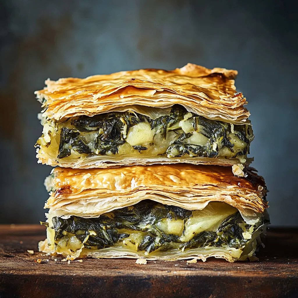 Three layers of pastry with greens on top.