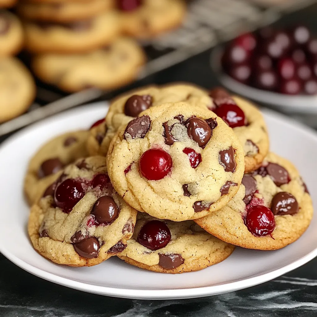 A plate of chocolate chip cookies with cherries on top.