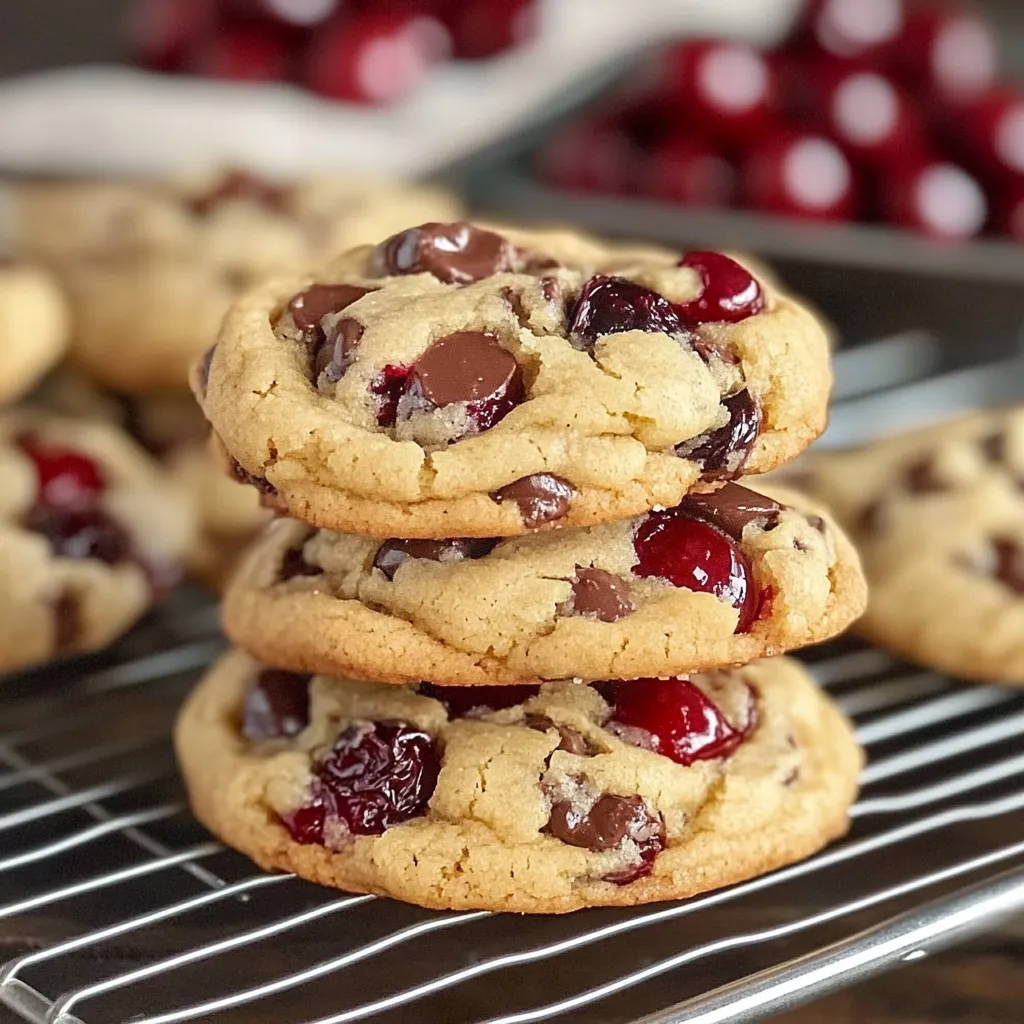 A stack of chocolate chip cookies with red berries on top.