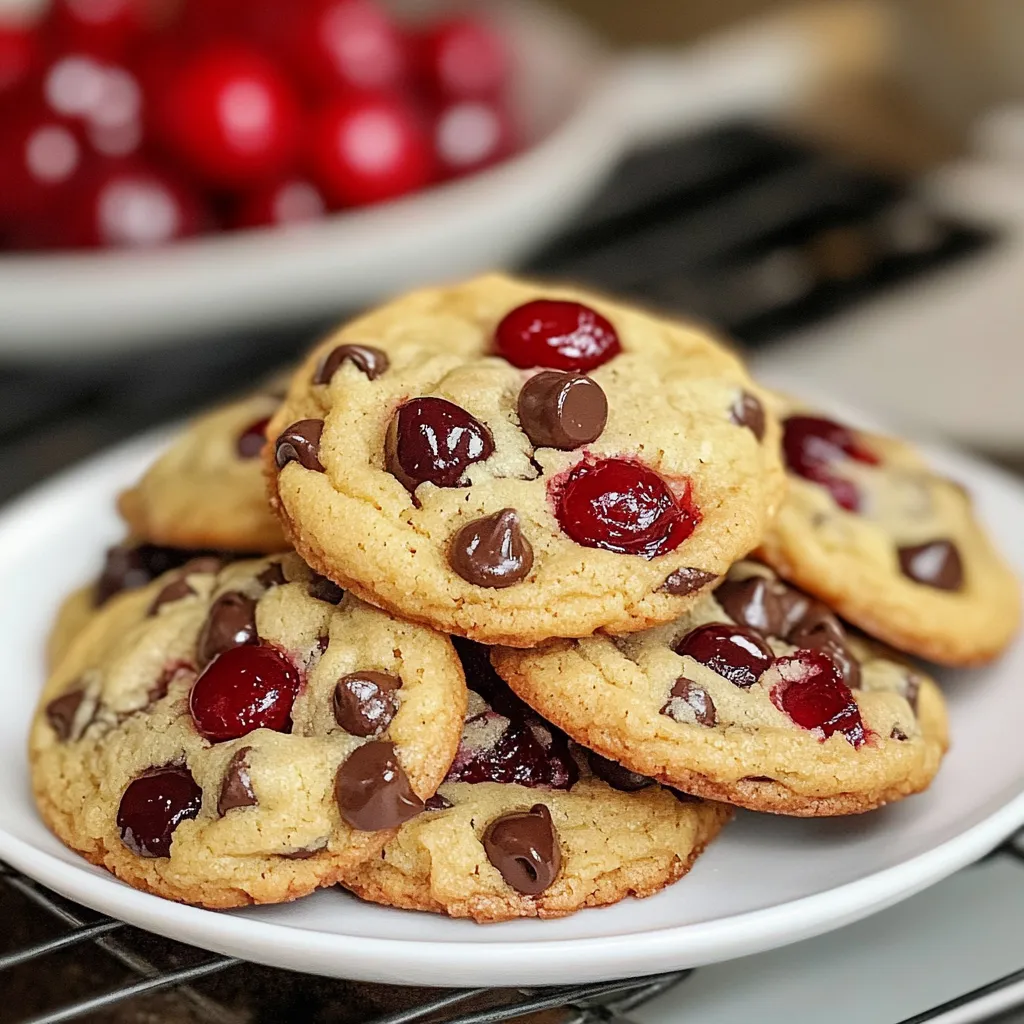 A plate of cookies with chocolate chips and cherries.