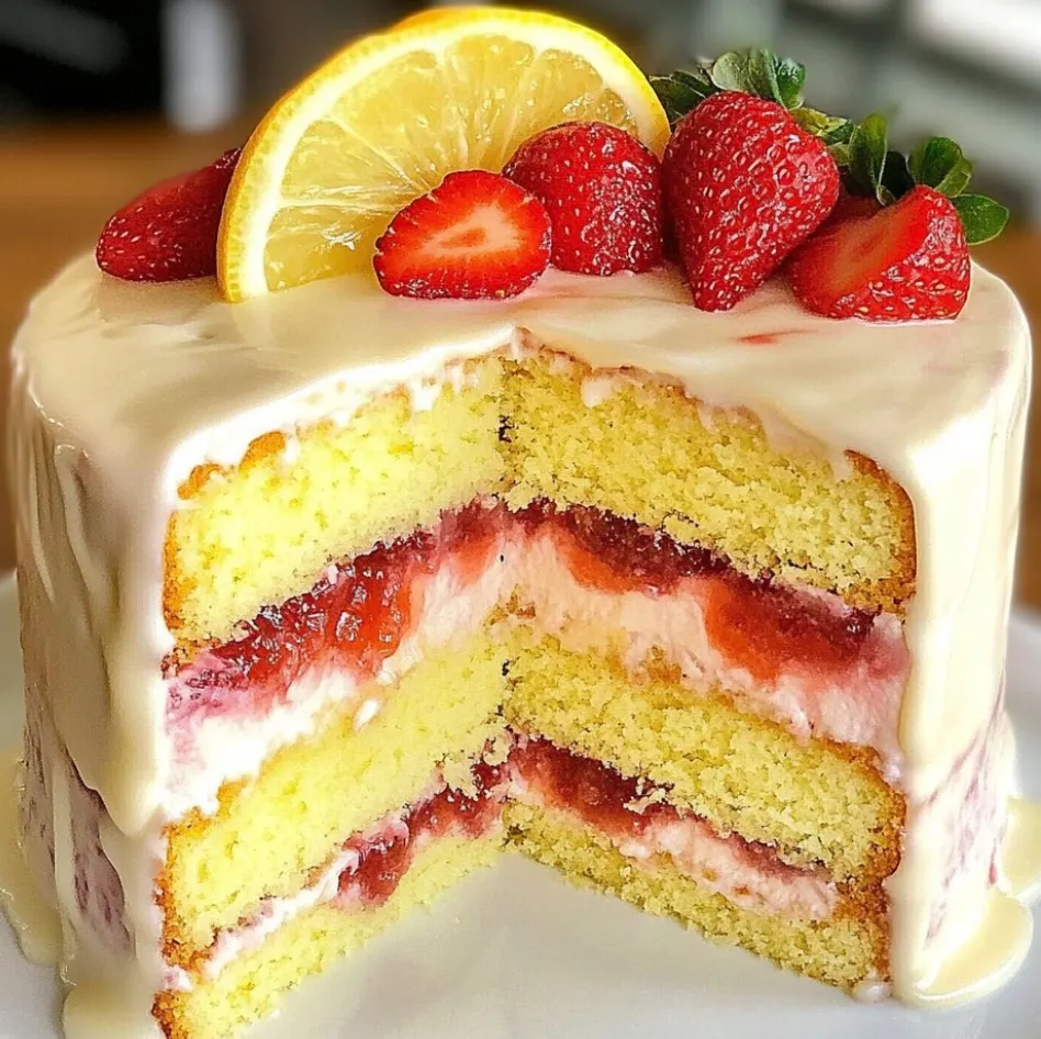 A slice of cake with strawberries and lemon.