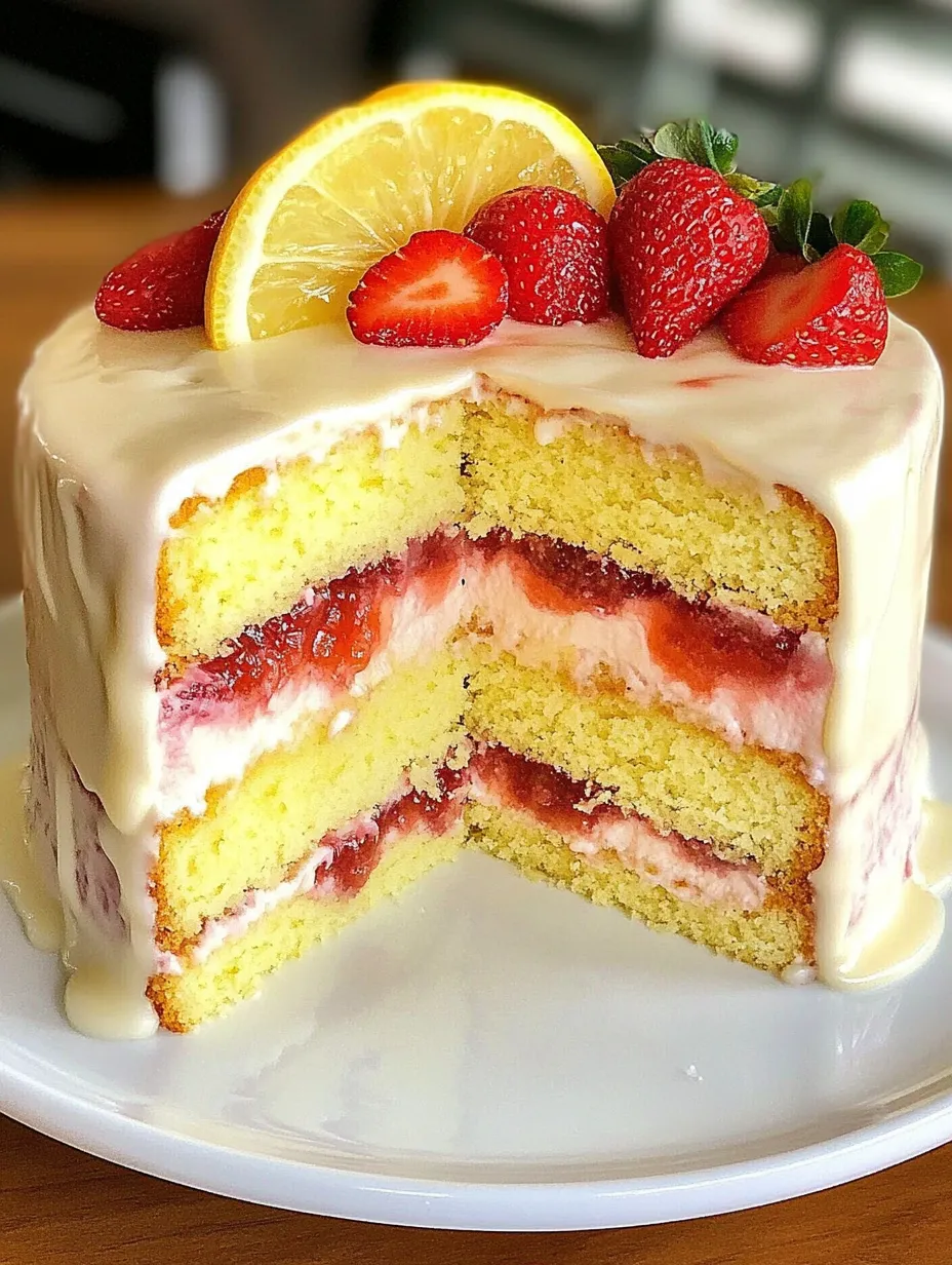 A slice of cake with strawberries and lemon.