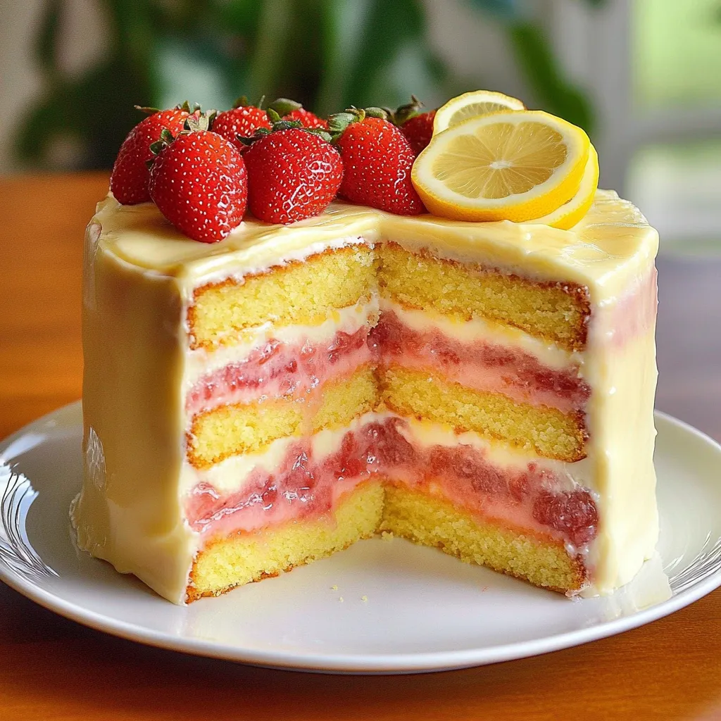 A slice of cake with strawberries and lemon on top.