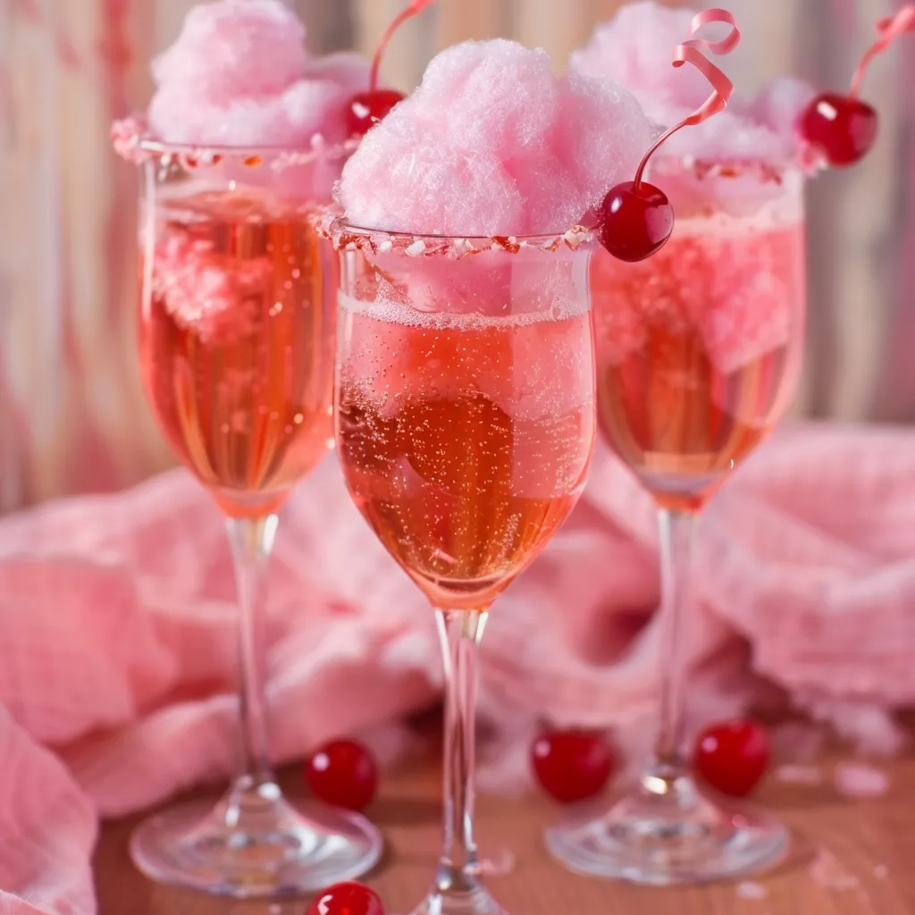 Three glasses of pink drink with cherries in them.