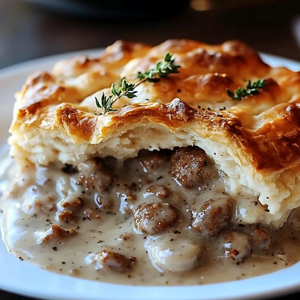 A close up of a pie with meat and herbs.